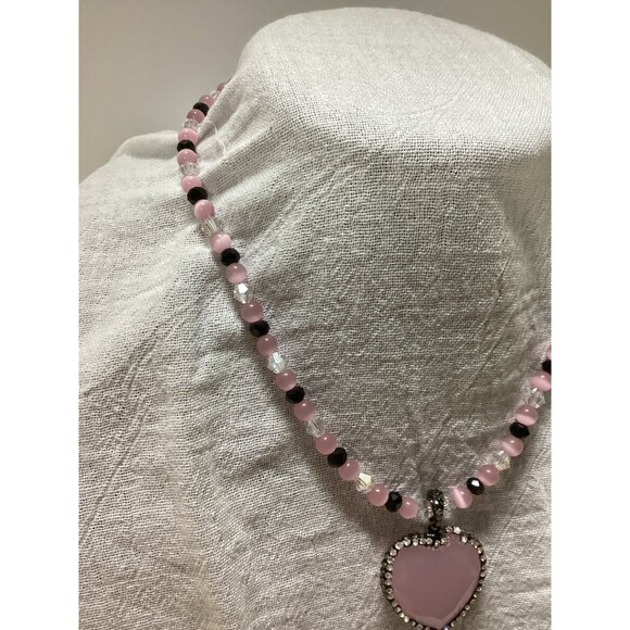 Pink Quartzlike Heart Pendant Necklace with Glass Beads & Magnetic Clasp - Picture 5 of 12